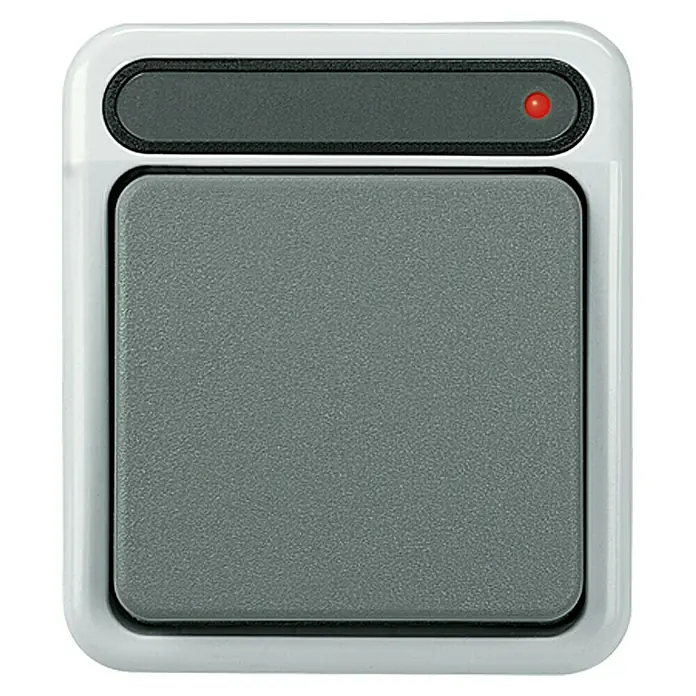 Merten Aquastar Kontrollschalter MEG3106-8029 - Grau, Aufputzmontage, 10 A - Nahaufnahme eines Lichtschalters mit roter LED-Anzeige, der auf einer weißen Oberfläche montiert ist.