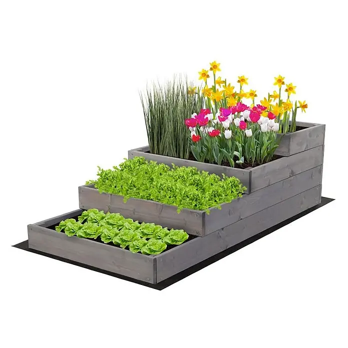 Hochbeete TREPPEN Holz | HxBxT 36x60x120 cm | Holz | Grau -  - Graues gestuftes Hochbeet aus Holz mit Salat, Blumen und Gras in seinen drei Ebenen bepflanzt.