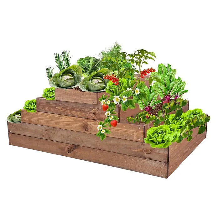 Hochbeete GardenStep Holz | HxBxT 45x117x90cm | 4 Ebenen | Holz | Braun -  - Gestuftes Hochbeet aus braunem Holz, bepflanzt mit verschiedenen Gemüse- und Obstarten.