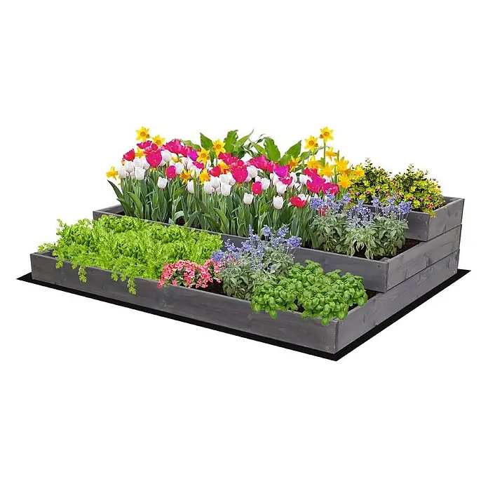 Hochbeete TREPPEN Holz | HxBxT 27x117x93 cm | Holz | Grau -  - Gestuftes dunkelgraues Hochbeet aus Holz, gefüllt mit bunten Blumen und grünen Pflanzen.