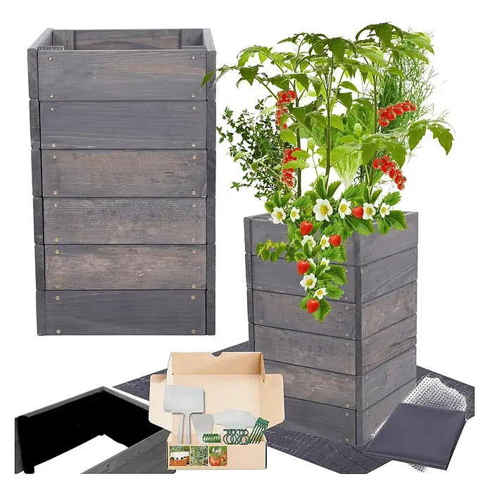 Hochbeete Growline Holz | HxBxT 54x33x30 cm | Kieferholz | Grau -  - Graue Hochbeete aus Holz, eines leer, eines bepflanzt mit Erdbeeren, Tomaten, Kräutern. Mit Zubehör-Kit und Auskleidungen.