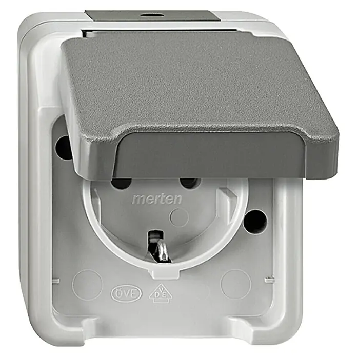 Merten Aquastar Steckdose MEG2301-8029 - Grau, Kunststoff, Aufputzmontage - Merten Schutzkontakt-Steckdose mit Klappdeckel in Grau und Weiß, ideal für den Außenbereich oder Feuchträume.