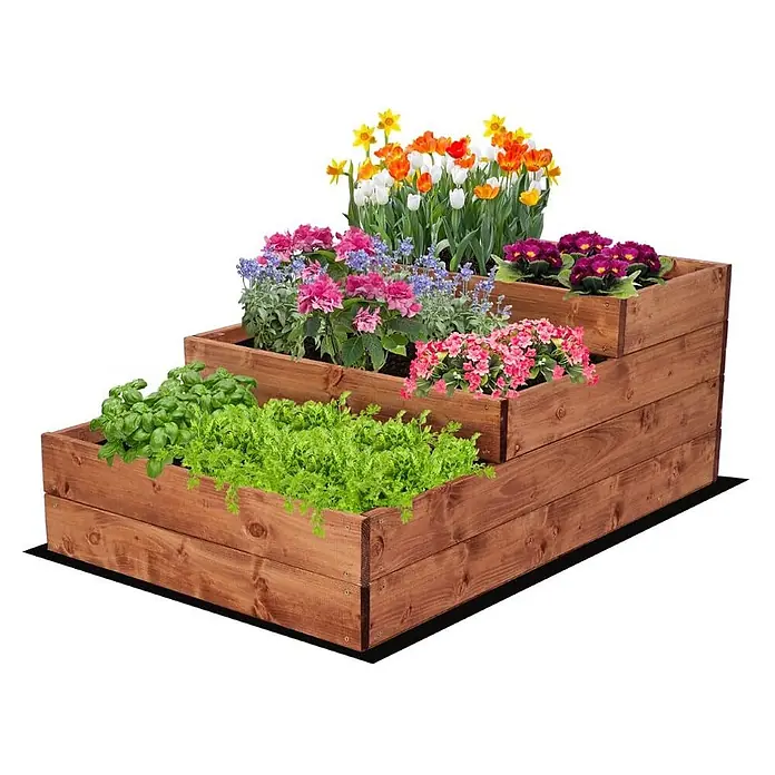 Hochbeete TREPPEN Holz | HxBxT 36x60x93 cm | Holz | Braun -  - Gestuftes braunes Hochbeet aus Holz mit verschiedenen Pflanzen.