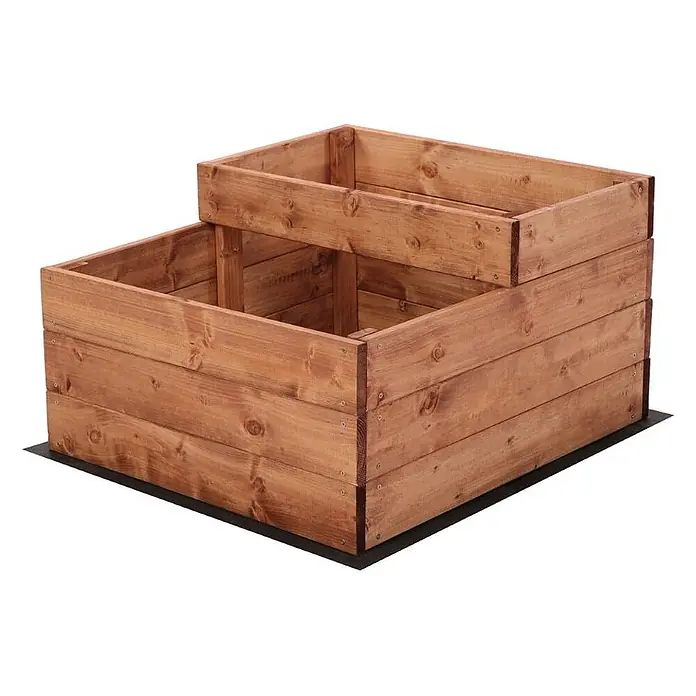 Hochbeete TREPPEN Holz | HxBxT 36x60x63 cm | Holz | Braun -  - Zweistufiges braunes Holz-Hochbeet auf einer dunklen Matte, bereit zur Bepflanzung.