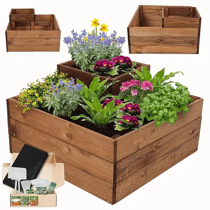 Hochbeete TREPPEN Holz | HxBxT 36x62x62 cm | Holz | Braun -  - Gestuftes Hochbeet aus braunem Holz, bepflanzt mit Blumen und Pflanzen, dazu leere Elemente und Gartenzubehör.