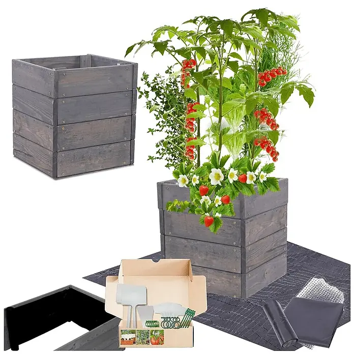 Hochbeete Growline Holz | HxBxT 36x33x30 cm | Kieferholz | Grau -  - Graues Holz-Hochbeet-Set mit bepflanztem Beet und Gartenzubehör.