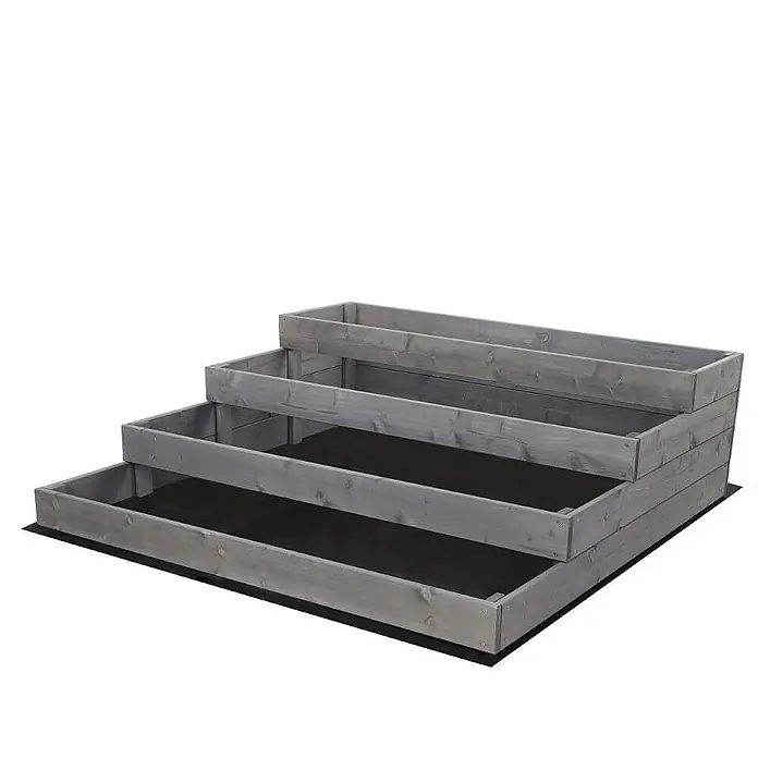 Hochbeete TREPPEN Holz | HxBxT 36x117x120 cm | Holz | Grau -  - Dreistufiges graues Holz-Hochbeet mit schwarzer Auskleidung, ideal für den Garten auf kleinem Raum.