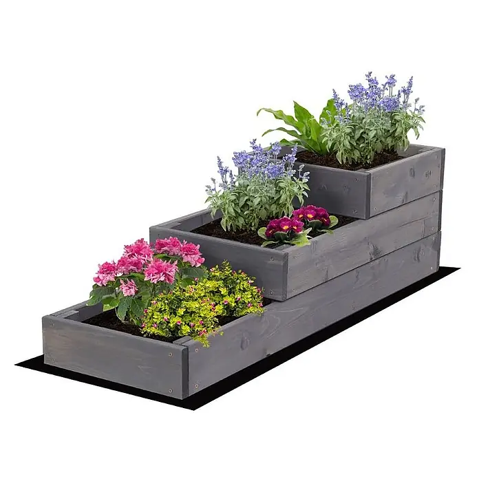 Hochbeete TREPPEN Holz | HxBxT 27x30x93 cm | Holz | Grau -  - Gestuftes graues Hochbeet aus Holz mit bunten Blumen und Pflanzen.