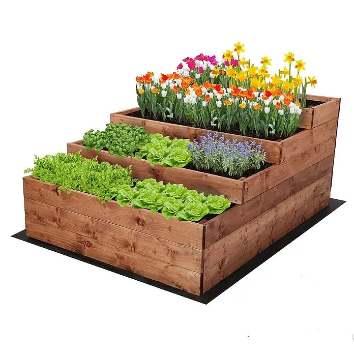 Hochbeete TREPPEN Holz | HxBxT 54x90x120 cm | Holz | Braun -  - Braunes, gestuftes Hochbeet aus Holz, bepflanzt mit verschiedenen Pflanzen, Blumen und Gemüse.