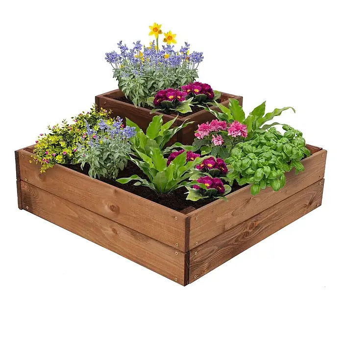 Hochbeete TREPPEN Holz | HxBxT 27x62x62 cm | Holz | Braun -  - Braunes, gestuftes Hochbeet aus Holz, bepflanzt mit bunten Blumen und Kräutern.