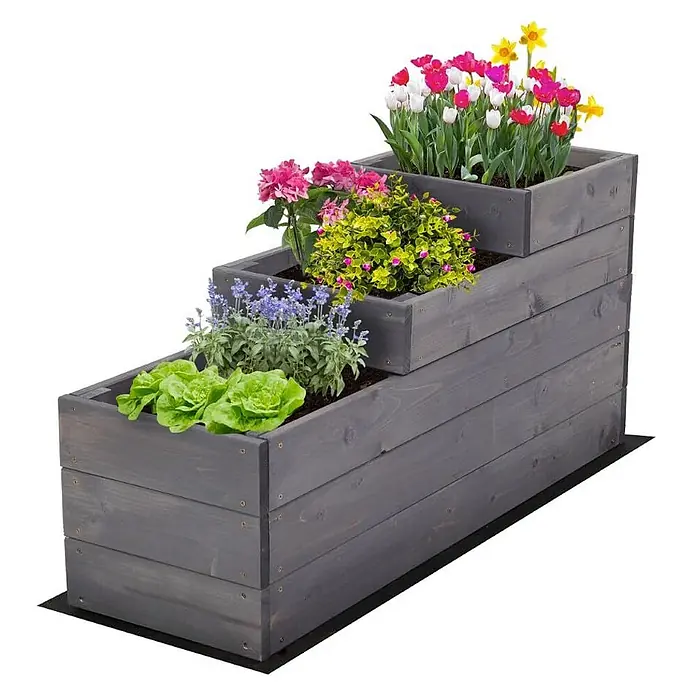 Hochbeete TREPPEN Holz | HxBxT 45x30x93 cm | Holz | Grau -  - Graues hölzernes abgestuftes Hochbeet mit drei Ebenen, das verschiedene Pflanzen wie Tulpen, Kräuter und Salat enthält.