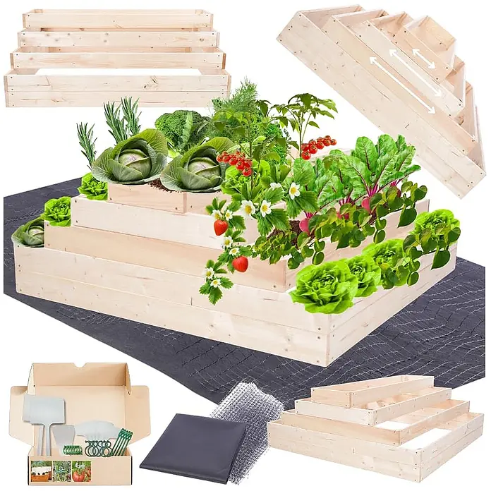 Hochbeete GardenStep Holz | HxBxT 45x117x100cm | 4 Ebenen | Holz | Natur -  - Ein mehrstufiges Hochbeet-Set aus hellem Holz, aufgebaut mit Pflanzen und zerlegt, inklusive Gartengeräten und Bodenvlies.