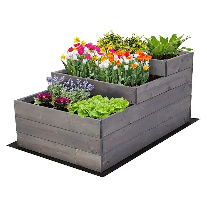 Hochbeete TREPPEN Holz | HxBxT 45x60x93 cm | Holz | Grau -  - Graues, gestuftes Hochbeet aus Holz mit verschiedenen Blumen und Salat.