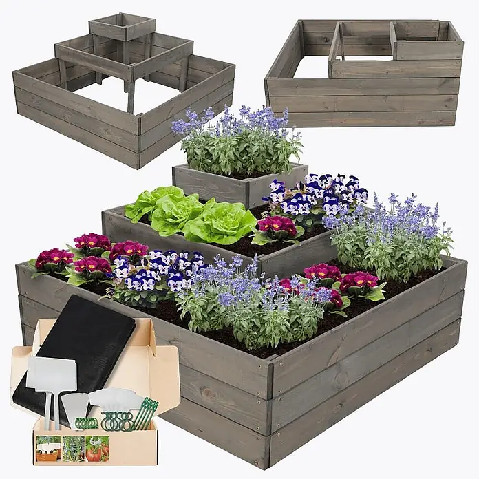 Hochbeete TREPPEN Holz | HxBxT 45x92x92 cm | Holz | Grau -  - Mehrstufiges graues Holz-Hochbeet-Set, montiert mit Pflanzen und unmontiert gezeigt, plus Gartenzubehör.
