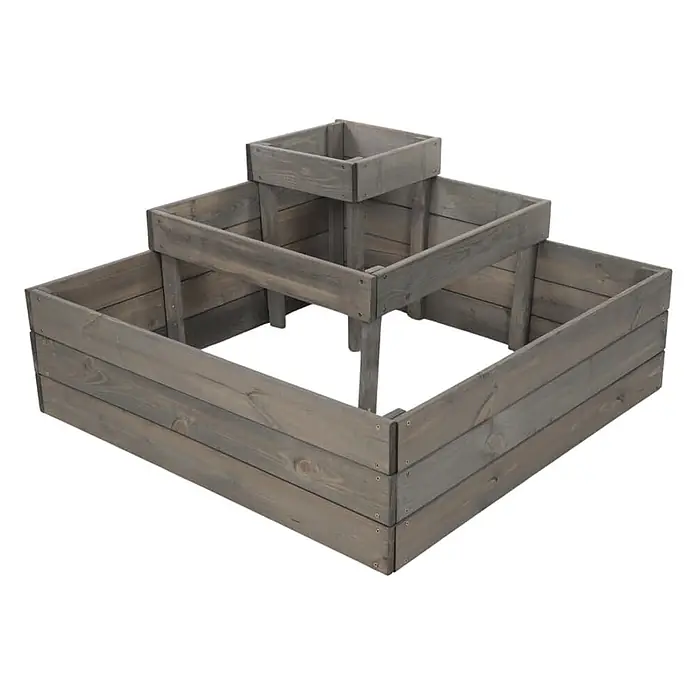 Hochbeete TREPPEN Holz | HxBxT 45x92x92 cm | Holz | Grau -  - Gestuftes Hochbeet aus grauem Altholz mit drei quadratischen Pflanzebenen.