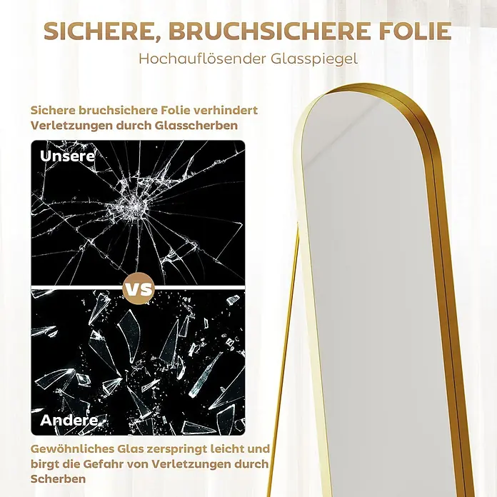 HOMCOM-Ganzkörperspiegel-50L x 6B x 160H cm-Gold Oval -  - Goldgerahmter Spiegel mit bruchsicherer Folie. Zeigt den Schutz vor Glasscherben im Vergleich zu normalem Glas.