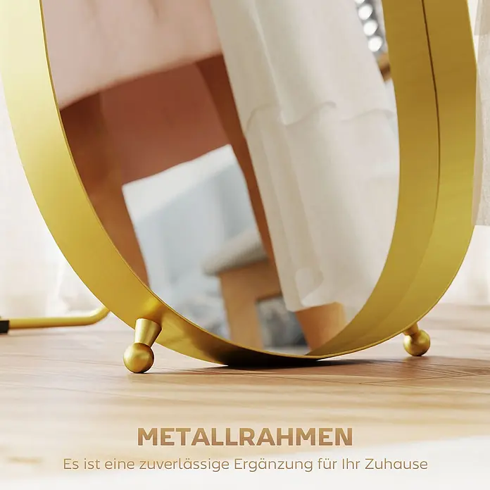 HOMCOM-Ganzkörperspiegel-50L x 6B x 160H cm-Gold Oval -  - Goldener Metall-Standspiegel reflektiert eine Innenszene. Der elegante Rahmen steht auf zarten Füßen auf Holzfußboden.