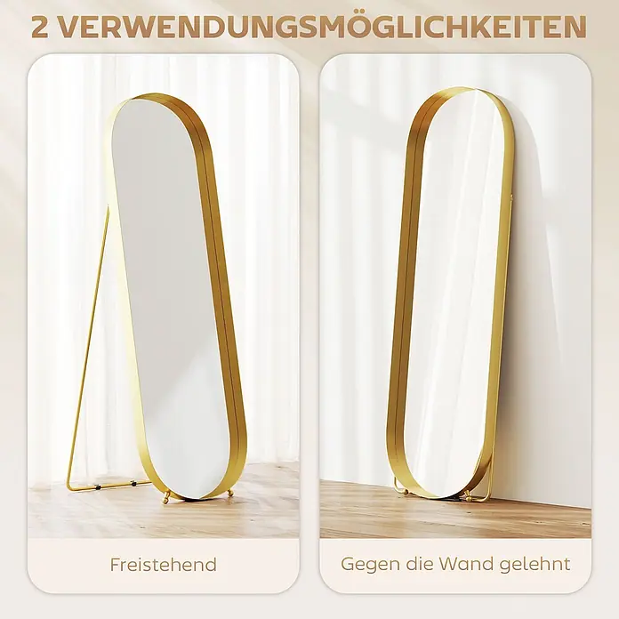 HOMCOM-Ganzkörperspiegel-50L x 6B x 160H cm-Gold Oval -  - Goldener Ganzkörperspiegel mit zwei Aufstelloptionen: freistehend und an die Wand gelehnt.