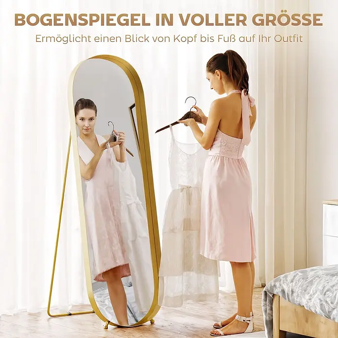 HOMCOM-Ganzkörperspiegel-50L x 6B x 160H cm-Gold Oval -  - Goldgerahmter Bogen-Ganzkörperspiegel, der einer Frau hilft, ihr Outfit zu überprüfen.