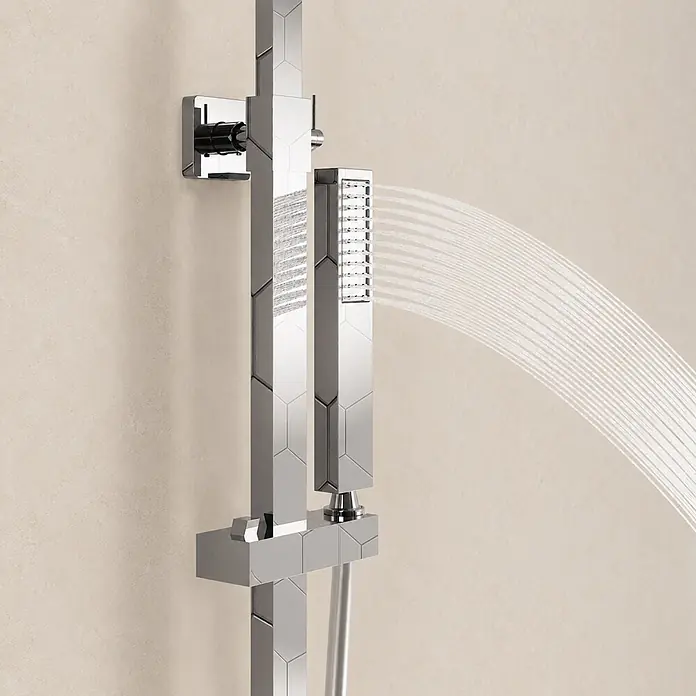LOMAZOO Thermostat-Duschsystem Sterling mit Regendusche Chrom -  - Verchromtes Duschsystem mit rechteckiger Handbrause und geometrischem Design, das Wasser versprüht.
