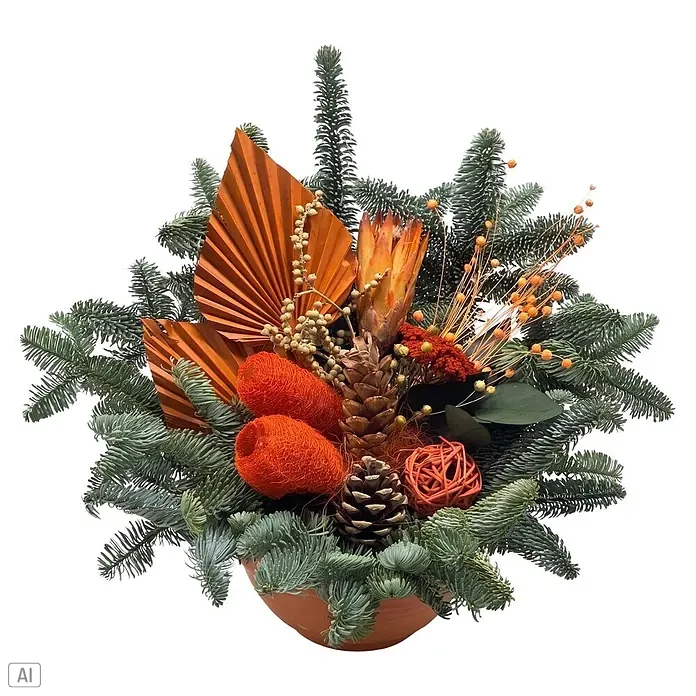 Piardino Grabgesteck Nr. 255 - Stilrichtung: Klassisch, Mehrfarbig - Winterlicher Blumenstrauß mit Tannenzweigen, Kiefernzapfen, getrockneter Protea, orangefarbenen Strukturelementen und Fächerpalmenblättern in einem Terrakottatopf.
