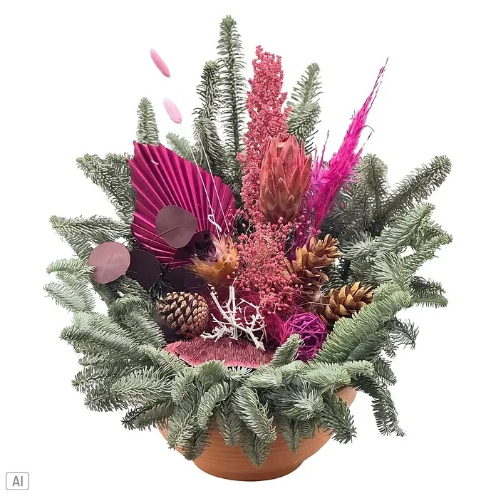 Piardino Grabtopf - 26 cm, Mehrfarbig - Festlicher Blumenstrauß im Terrakottatopf mit Silbertannenzweigen, rosa Trockenblumen und Tannenzapfen.