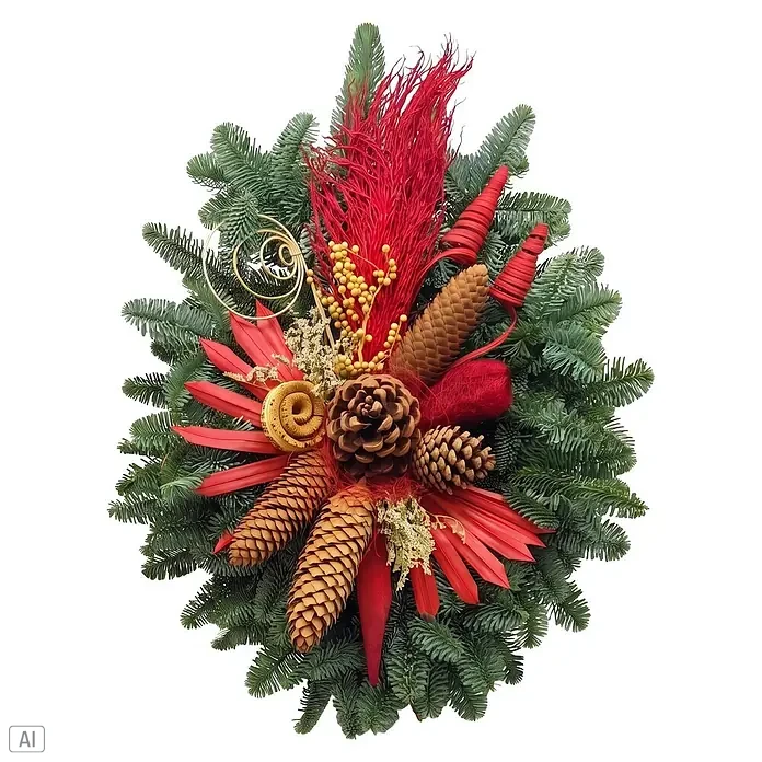 Piardino Grabgesteck Birkenholz Nr. 268 - Länge: 65 cm - Grünes Tannenzweig-Arrangement mit Tannenzapfen, roten Akzenten, gelben Beeren und goldenen Spiralen für Winterdekoration.