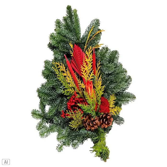 Piardino Grabstrauß groß - Stilrichtung: Klassisch, Mehrfarbig - Festliches Weihnachtsgesteck mit Tannenzweigen, roten Beeren, Kiefernzapfen und roten/gelben Dekoelementen.