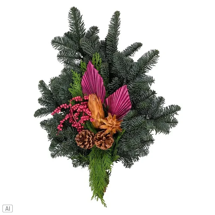 Piardino Grabstrauß 1050 - 35 x 60 cm, Rot/Natur - Festliches Gesteck aus dunkelgrünen Tannenzweigen, magentafarbenen Palmblättern, rosa Beeren, goldenen Dekoelementen und Kiefernzapfen.