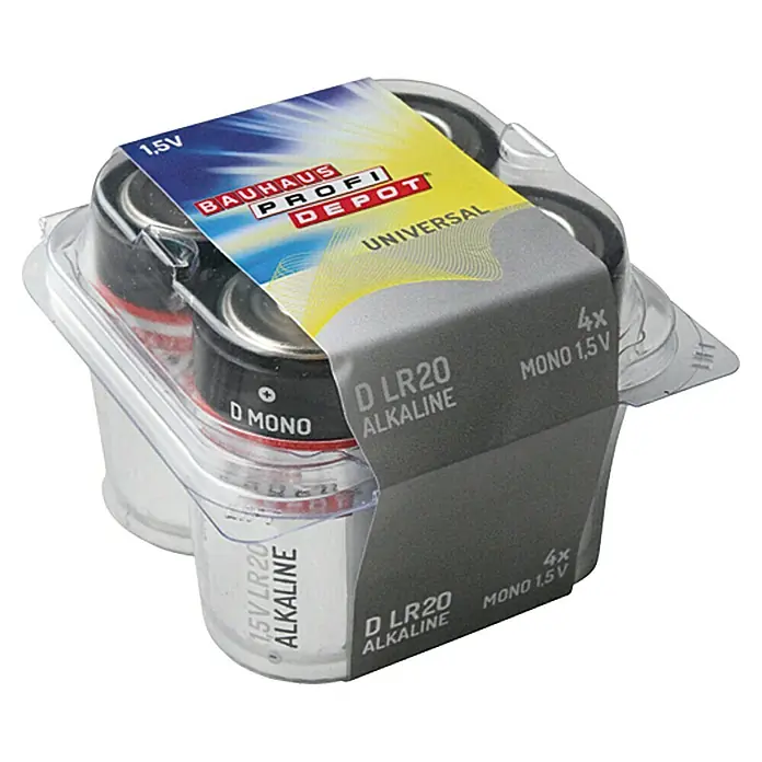 Profi Depot Batterie - Mono D, Alkali-Mangan, 1,5 V, 4 Stk. - Packung mit vier D-Mono LR20 Alkaline Batterien von Bauhaus Profi Depot, ideal für Geräte mit hohem Strombedarf.