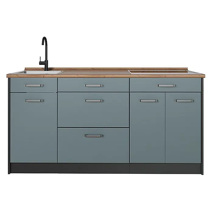 Küchenblock R-Line 160 cm Blau-Grau Art.-Nr. 67378 -  - Blau-graue Küchenzeile mit Holz-Arbeitsplatte, integrierter Spüle, schwarzem Wasserhahn, Kochfeld, Schränken und Schubladen mit Silbergriffen.