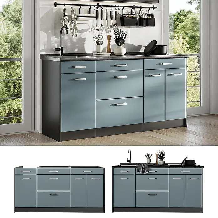 Küchenblock R-Line 160 cm Blau-Grau Art.-Nr. 67378 -  - Modulare Küchenzeile mit hellblauen Schränken, dunkler Arbeitsplatte, Spüle und silbernen Griffen.