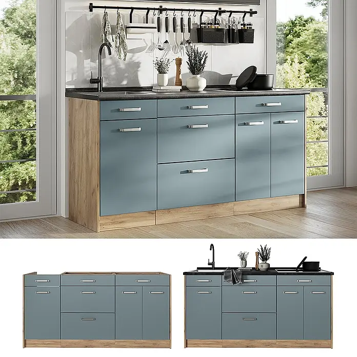 Küchenblock R-Line 160 cm Blau-Grau Art.-Nr. 67391 -  - Moderne blaugraue Küchenzeile mit Holzdekorrahmen und dunkler Arbeitsplatte, mit Schränken, Schubladen und Spülbecken mit schwarzem Wasserhahn.