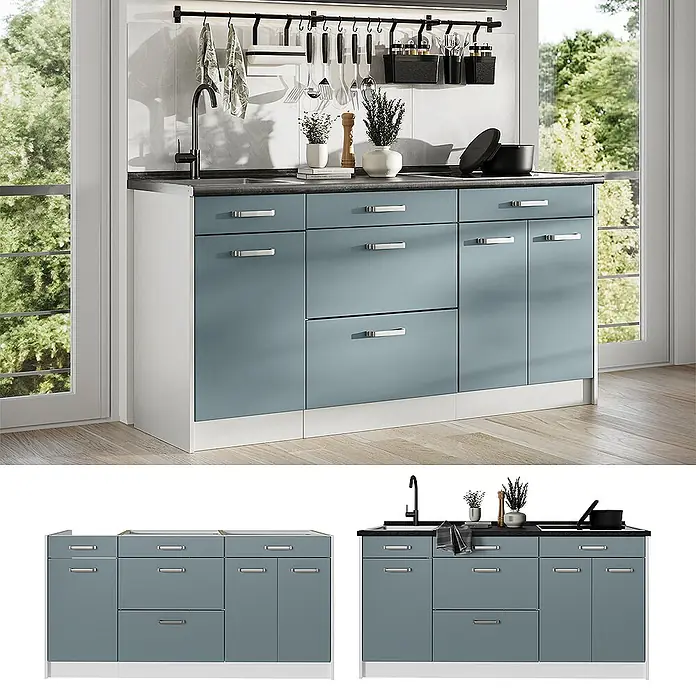 Küchenblock R-Line 160 cm Blau-Grau Art.-Nr. 67406 -  - Blaugraue Küchenunterschrankzeile mit dunkler Arbeitsplatte und Spüle, in moderner Küche gezeigt.