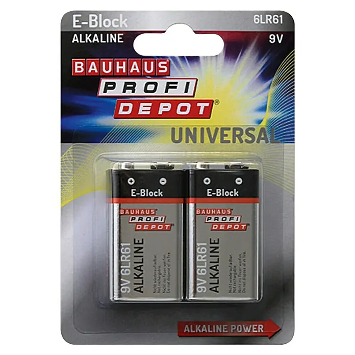 Profi Depot Batterie - 9-Volt-Block, Alkali-Mangan, 9 V, 2 Stk. - Abbildung einer Packung Bauhaus Profi Depot E-Block 9V Alkaline Batterien, die für zuverlässige Leistung in verschiedenen Geräten sorgen.