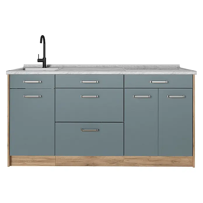 Küchenblock R-Line 160 cm Blau-Grau Art.-Nr. 67391 -  - Blaugrauer Küchenunterschrank mit Marmor-Arbeitsplatte, schwarzer Armatur, Spüle, Schubladen und Türen auf hellem Holzsockel.