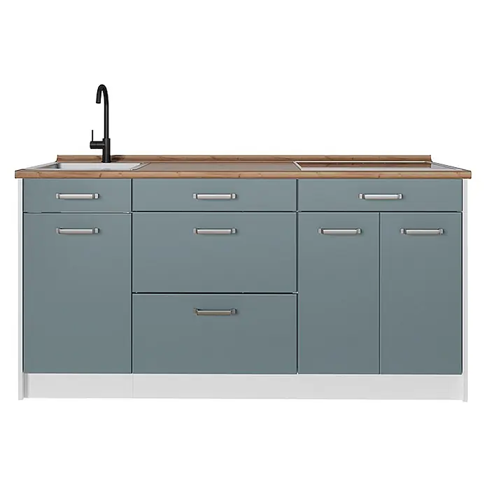 Küchenblock R-Line 160 cm Blau-Grau Art.-Nr. 67406 -  - Blau-graue Küchenzeile mit Holzoptik-Arbeitsplatte, integrierter Spüle, schwarzer Armatur und Kochfeld. Mit Schubladen und Schränken.