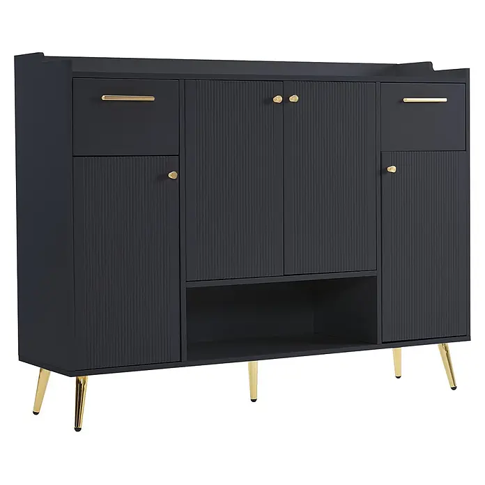 SONNENH Schuhschrank, Spanplatte, 130 x 37 cm, Schwarz -  - Dunkelgraues Sideboard mit gerippten Türen, goldenen Griffen und Beinen, mit Schubladen, Schränken und einem offenen Fach.