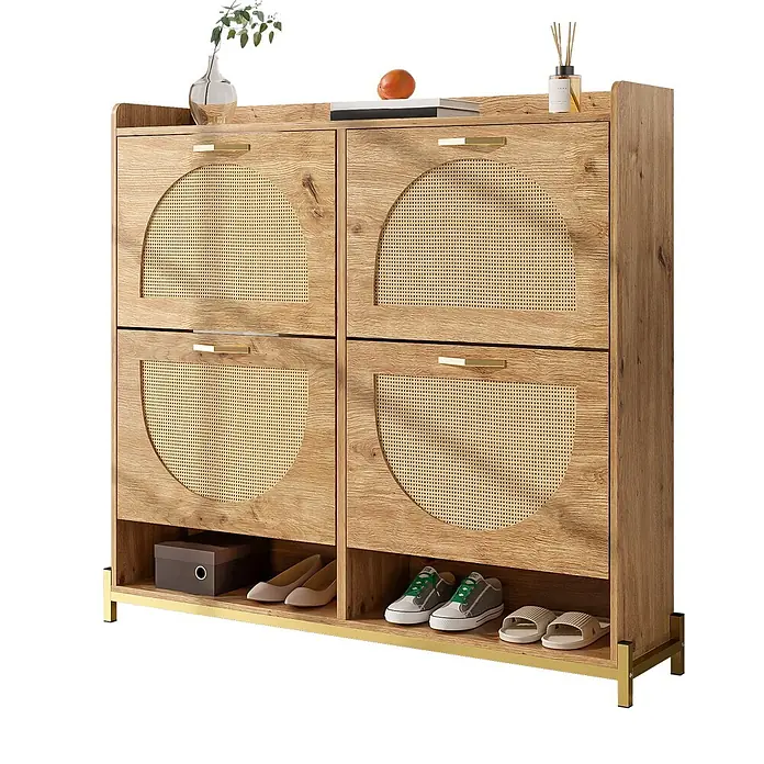 SONNENH Schuhschrank mit Rattantüren, 108,5 x 24 cm -  - Heller Holzschuhschrank mit Rattanplatten, vier Kippfächern und zwei offenen Regalen. Mit goldenen Griffen und Metallbeinen.