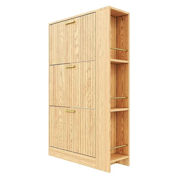 SONNENH Schuhschrank, MDF, 70 x 23.5 cm, Natur -  - Helles Holzschuhregal mit drei Kippfächern, goldfarbenen Griffen und offenem Seitenregal mit Goldstangen.