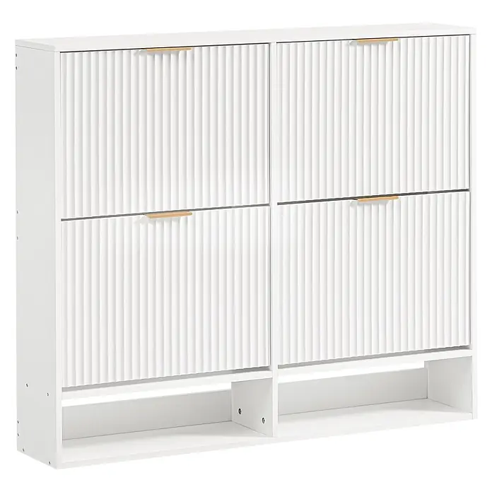 SONNENH Schuhschrank, MDF, 120 x 24 cm, Weiß -  - Weißer Schuhschrank mit geriffelten Türen und hellen Holzgriffen, vier Kippfächern und einer offenen Ablage.