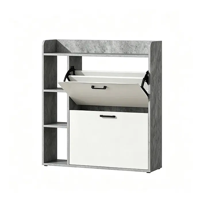 SONNENH Schuhschrank, Spanplatte, 83 x 24 cm, Grau/Weiß -  - Grau-weißer Schuhschrank mit geöffneter Kippschublade und Seitenablagen.