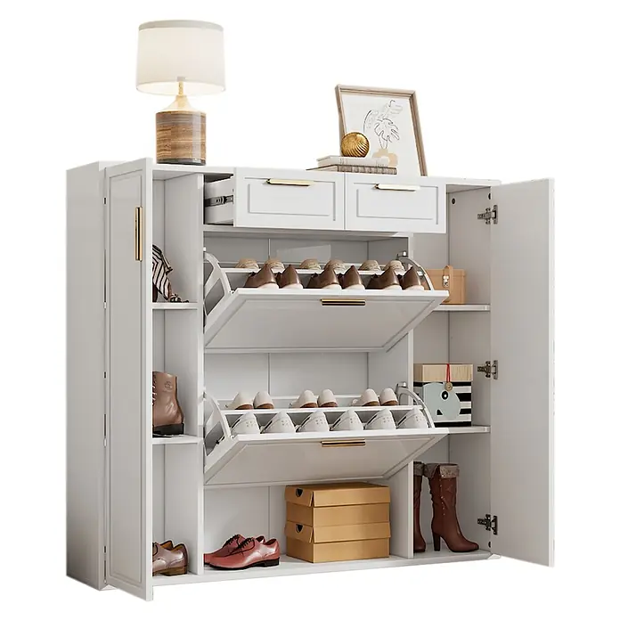 SONNENH Schuhschrank, MDF und Spanplatte, 120 x 24 cm, Weiß -  - Weißer Schuhschrank mit goldenen Griffen, Kippfächern, Schubladen und Seitenregalen für organisierte Aufbewahrung.