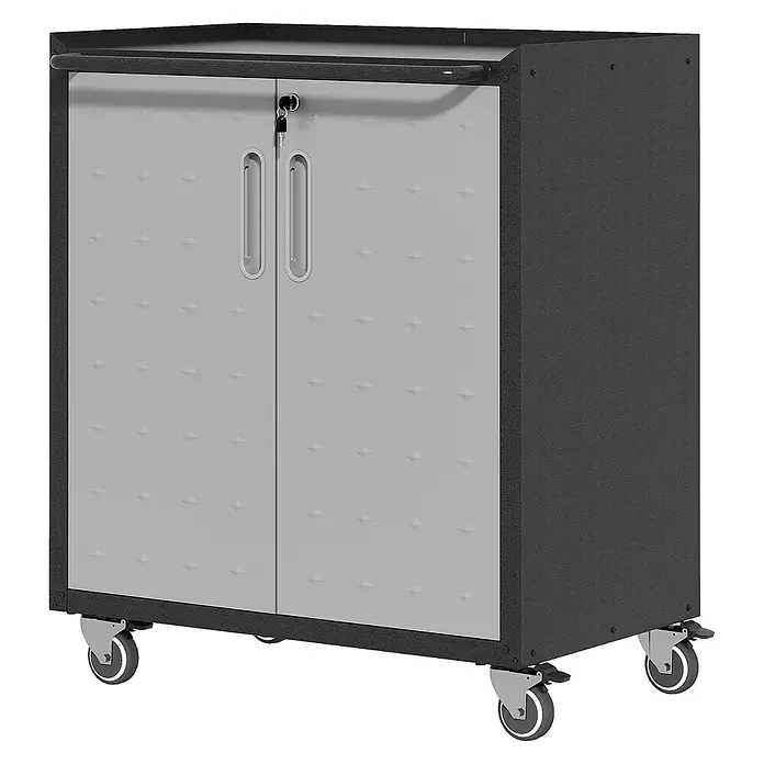 SONNENH Rollbarer Werkzeugschrank, 75 x 42 x 88 cm -  - Dunkelgrauer Rollschrank mit hellgrauen strukturierten Doppeltüren, Chromgriffen, einem Schlüssel im Schloss und einem oberen Zuggriff.