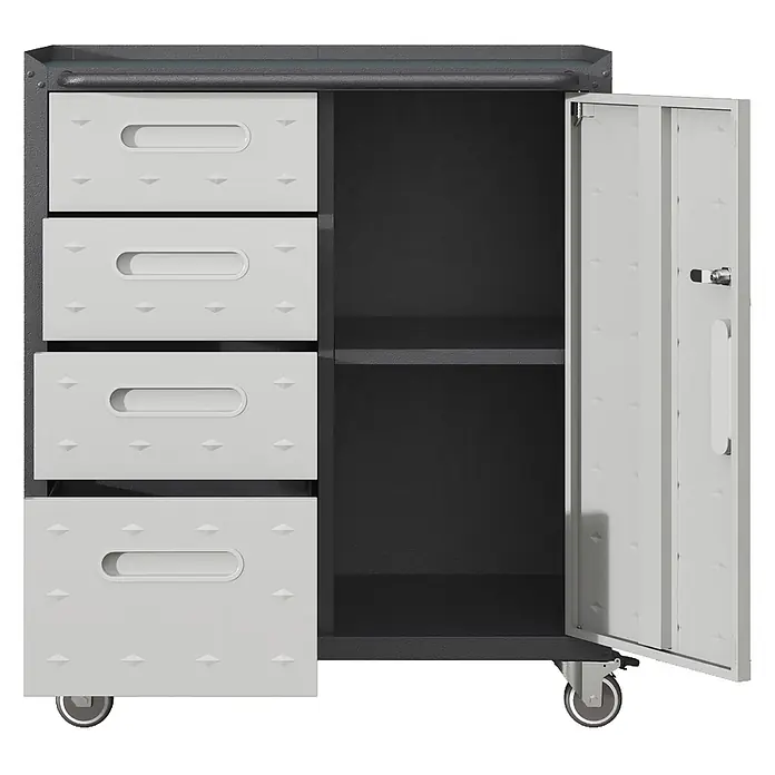 SONNENH Werkzeugschrank, Metall, 75.01 x 42 cm, Schwarz/Grau -  - Mobiler Metallschrank mit vier hellgrauen Schubladen und offenem dunkelgrauem Fach mit zwei Regalen, auf Rollen.