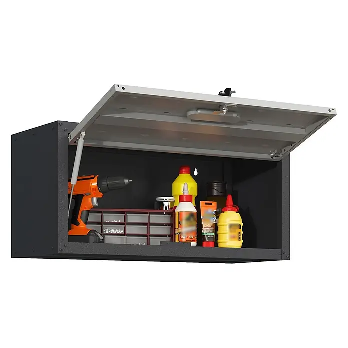 SONNENH Werkzeugschrank, Metall, 75 x 30 cm, Schwarz/Grau -  - Dunkelgrauer Metallschrank mit geöffneter Tür, zeigt Bohrmaschine und Zubehör. Ausgestattet mit Gasdruckfedern und Schloss.