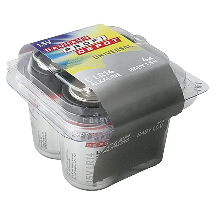 Profi Depot Batterie - Baby C, Alkali-Mangan, 1,5 V, 4 Stk. - Packung mit vier Bauhaus Profi Depot Universal C LR14 Alkaline Baby 1,5V Batterien in durchsichtiger Plastikverpackung mit grauem Etikett.