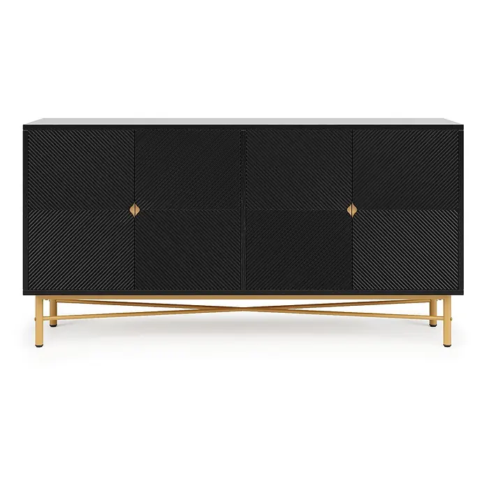 SONNENH Sideboard, MDF und Spanplatte, 160 x 40 cm, Schwarz -  - Schwarzer strukturierter Schrank mit diagonal gemusterten Türen und goldenem Metallfuß.