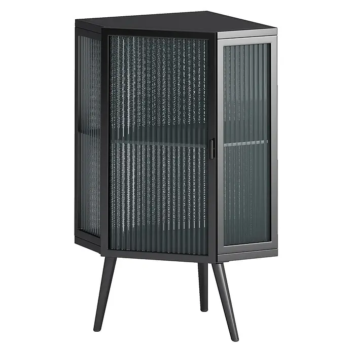 SONNENH Eckschrank mit strukturierter Glastür, Schwarz -  - Schwarzer Eckschrank aus Metall mit geriffelten Glastüren und konischen Beinen.