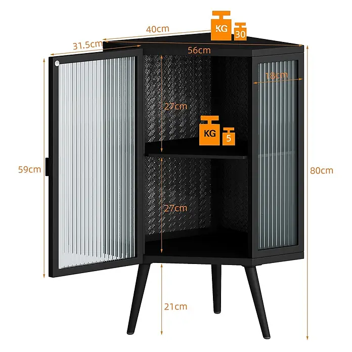 SONNENH Eckschrank mit strukturierter Glastür, Schwarz -  - Schwarzer Eckschrank mit gerippten Glastüren, Einlegeboden und schwarzen Beinen. Hat eine strukturierte Rückwand.